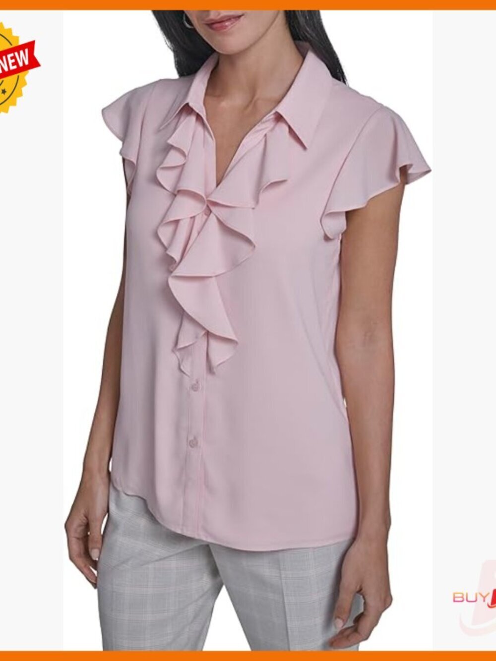 Cap Sleeve Ruffle Front Blouse, V-Neck Button Down Shirt, Polyester